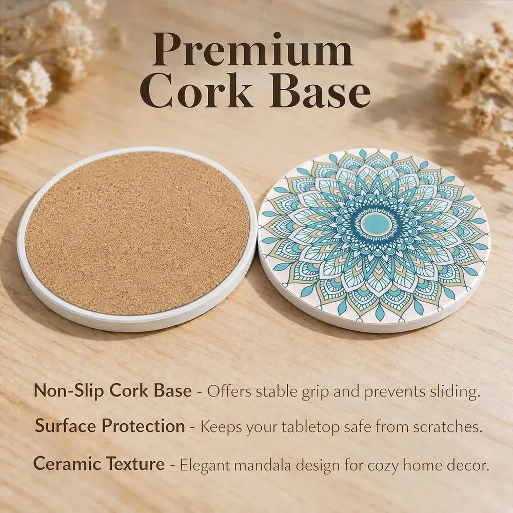 Ceramic Drink Coasters Set of 6 Absorbent Mandala Cork Holder Table Protector